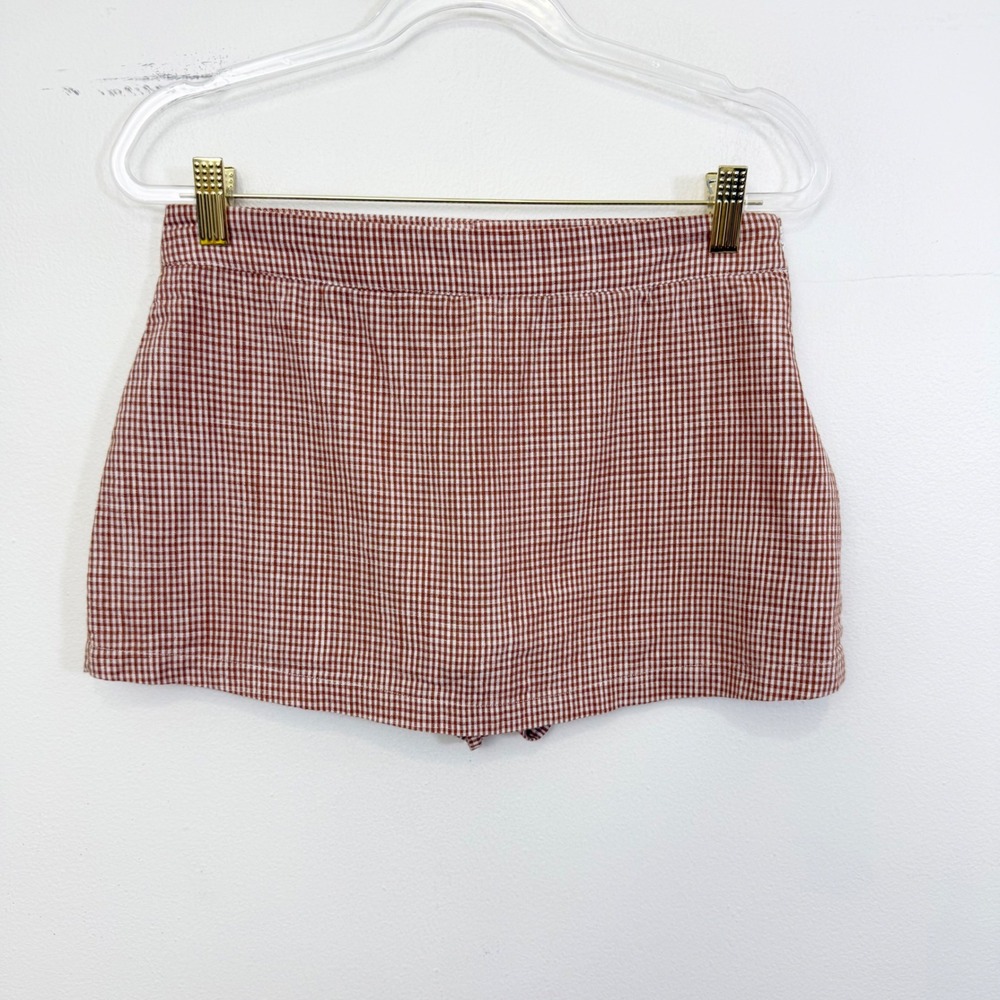 Free People Brown White Gingham High Rise Mini Skort Small - Picture 3 of 6
